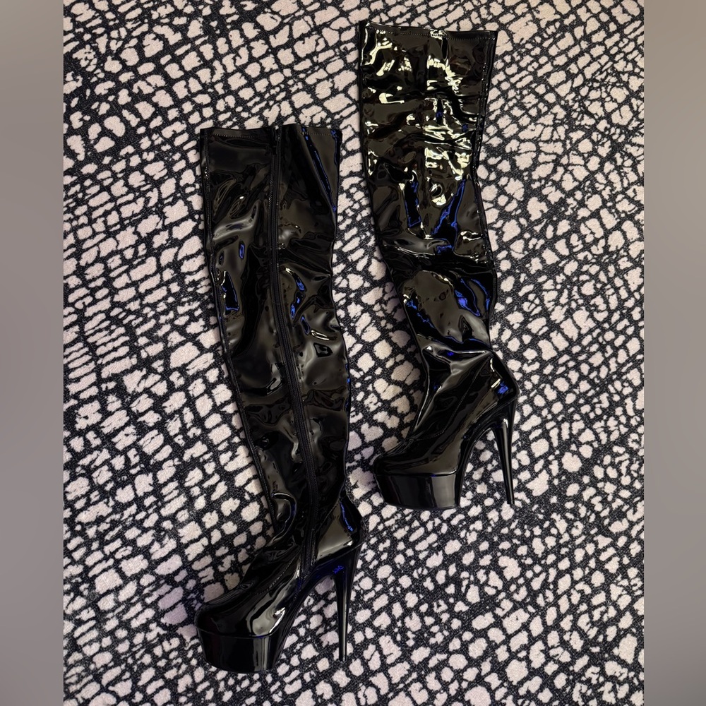 Black Patton over-the-knee, thigh high platform stiletto boots